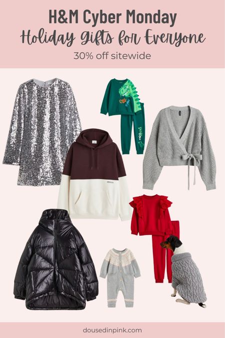 H&M is 30% off sitewide for Cyber Monday starting now! Gifts for everyone in the family. Women’s sequined dress, women’s wrap sweater, men’s colorblock hoodie, men’s puffer jacket, girls ruffled 2 piece set, boys dinosaur set, baby fair isle onesie, cable knit dog sweater.

#LTKHoliday #LTKCyberweek #LTKsalealert