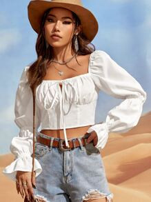 Square Neck Knot Front Flounce Sleeve Crop Blouse
   SKU: sw2206287051505713      
          (5 R... | SHEIN