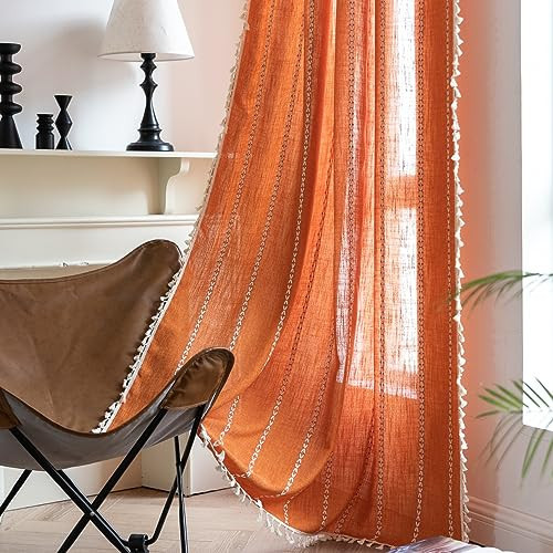 Sutuo Home Orange Boho Curtains for Bedroom Kitchen, Semi Blackout Linen Farmhouse Vintage Tassels Window Treatment Bohemian Embroidery Drape for Fall Autumn Decor, Rod Pocket 1 Panel 52" W x 63" L | Amazon (US)