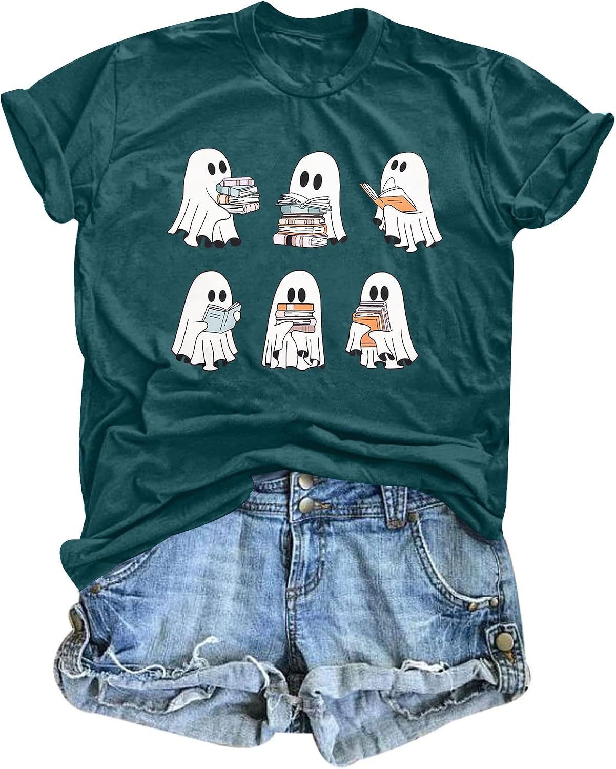 Halloween Teacher Shirts for Women Ghost Reading Books Shirt Funny Spooky Bookish Tee Halloween Party Short Sleeve Tops | Amazon (US)