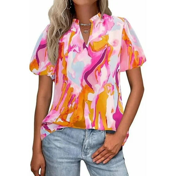 PRETTYGARDEN Boho Short Sleeve Floral Work Blouses for Women Dressy Casual V Neck Puff Sleeve Loo... | Walmart (US)