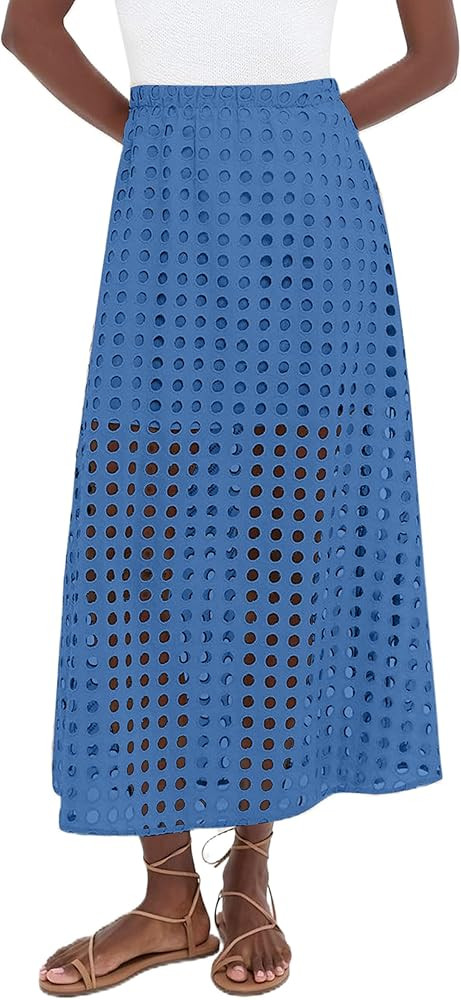 Women Summer Eyelet Maxi Skirt Cotton Holow Out High Elastic Waist Beach Skirt Flowy Long Skirts ... | Amazon (US)