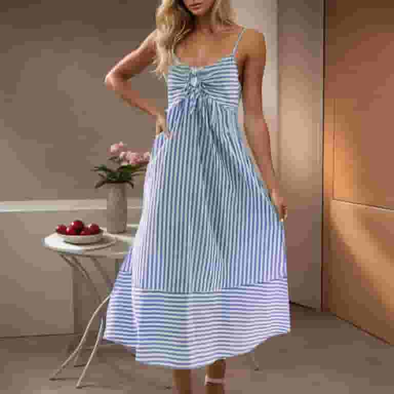 Qulqfy Maxi Summer Dresses for Women 2025 Sundress Striped Blue Tie Front Casual Tea Party Dresse... | Walmart (US)