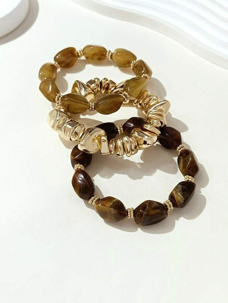 3pcs Vintage Multi-Layer Brown Acrylic Beaded Bracelet, Transformable Gold Chip Bracelet, For Wom... | SHEIN