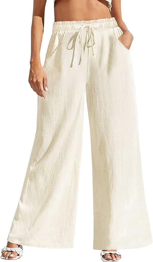 Fancysters Women Wide Leg Linen Pants, High Waisted Wide-Leg Cotton Linen Pants with Pockets | Amazon (US)