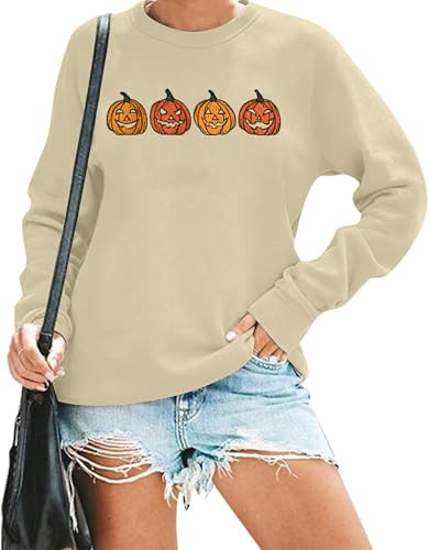 Halloween Pumpkin Sweatshirt Pumpkin Face Embroidered Sweatshirts Women Jack-o-Lantern Pullover Fall Long Sleeve Shirt | Amazon (US)