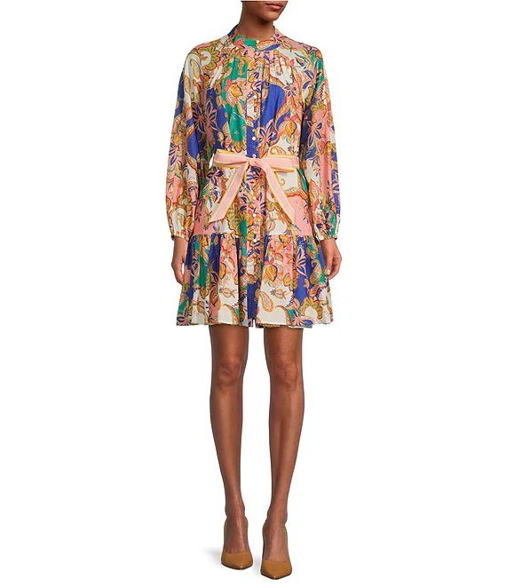 Brynn Bright Floral Print Mock Neck Long Sleeve Self-Tie Belted Tiered Hem Button Front Dress | Dillard's