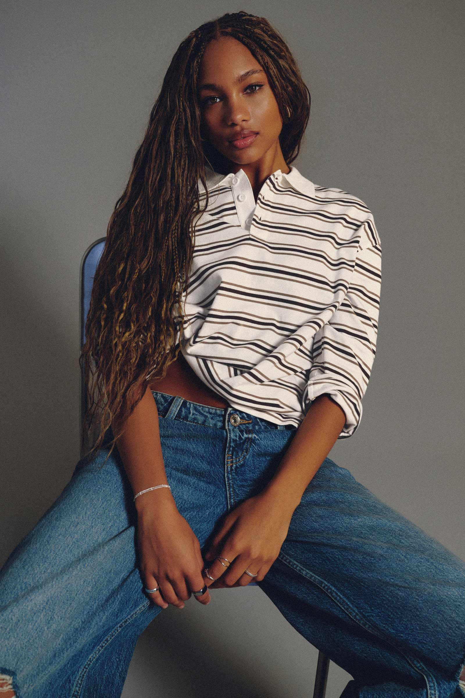 Striped Long Sleeve Polo Top Off-White | Ardene Canada | Ardene US