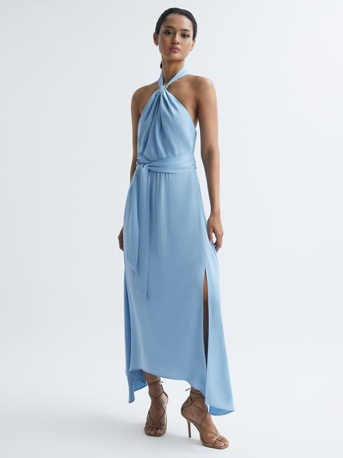 Reiss Blue Evelyn Fitted Halter Neck Midi Dress | Reiss UK