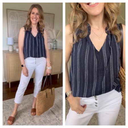Walmart sleeveless top and white jeans; honestly I loved this top on the hanger but it’s quite voluminous which makes it hard to tuck, and the armholes are too big. Maybe if I sized down it would help. #walmartfashion 

#LTKfindsunder50 #LTKfindsunder100 #LTKstyletip