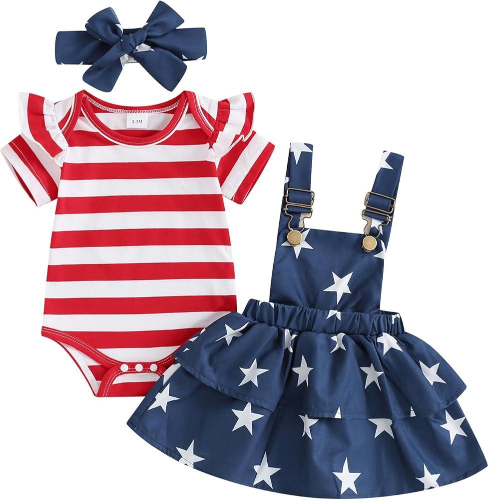 Baby Girl 4th Of July Outfit Newborn Ruffle Romper Skirt Set Toddler Bodysuit Fourth Of July Dres... | Amazon (US)