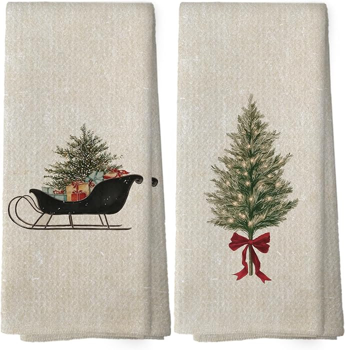 XPH Vintage Christmas Tree Kitchen Dish Towels Set of 2, Christmas Kitchen Gifts, Rustic Farmhouse Winter Xmas Sleigh Seasonal Hand Towels Tea Towel Decorations, 16x24inch | Amazon (US)