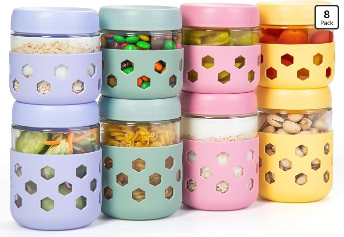 Gemice 8-Pack 16oz & 10oz Overnight Oats Containers with Lids & Silicone Sleeves, Glass Mason Jar... | Amazon (US)