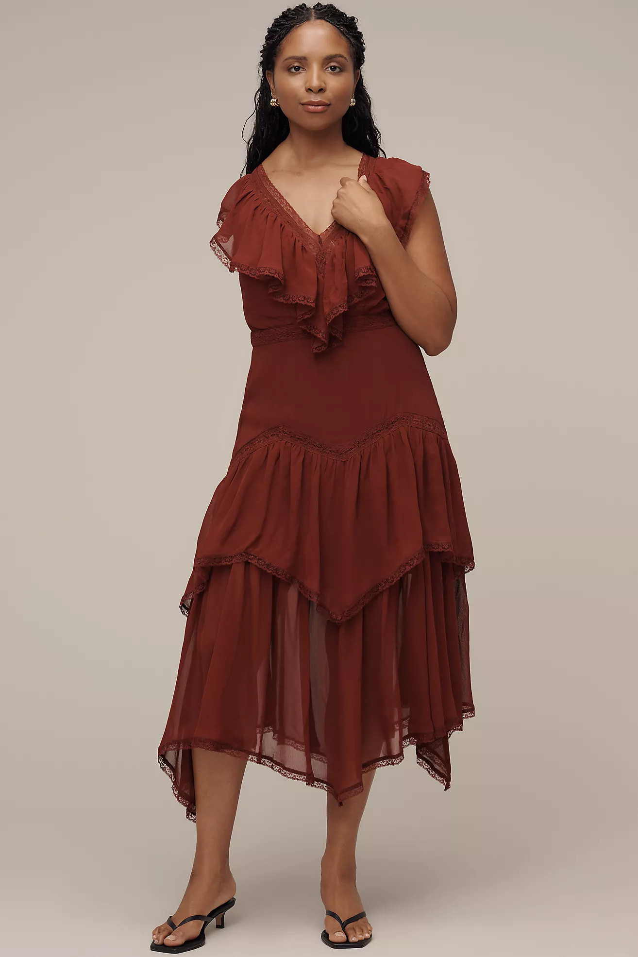 By Anthropologie Short-Sleeve V-Neck Ruffle Midi Dress | Anthropologie (US)