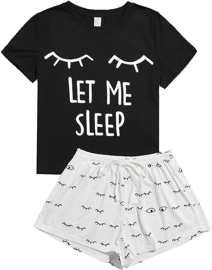 WDIRARA Women's Sleepwear Closed Eyes Print Tee and Shorts Pajama Set | Amazon (US)