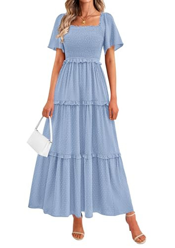 PRETTYGARDEN Summer Dresses for Women 2026 Boho Swiss Dot Smocked Square Neck Short Sleeve Spring Wedding Guest Maxi Dress (Light Blue,Medium) | Amazon (US)