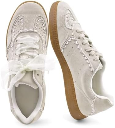 Women's Lace Detail Lace-Up Casual Sneakers - Elegant Ribbon Ribbon Lace Walking Shoes Non-Slip S... | Amazon (US)