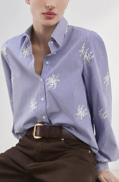 MANGO Embroidered Stripe Shirt in Sky Blue at Nordstrom, Size 4 | Nordstrom