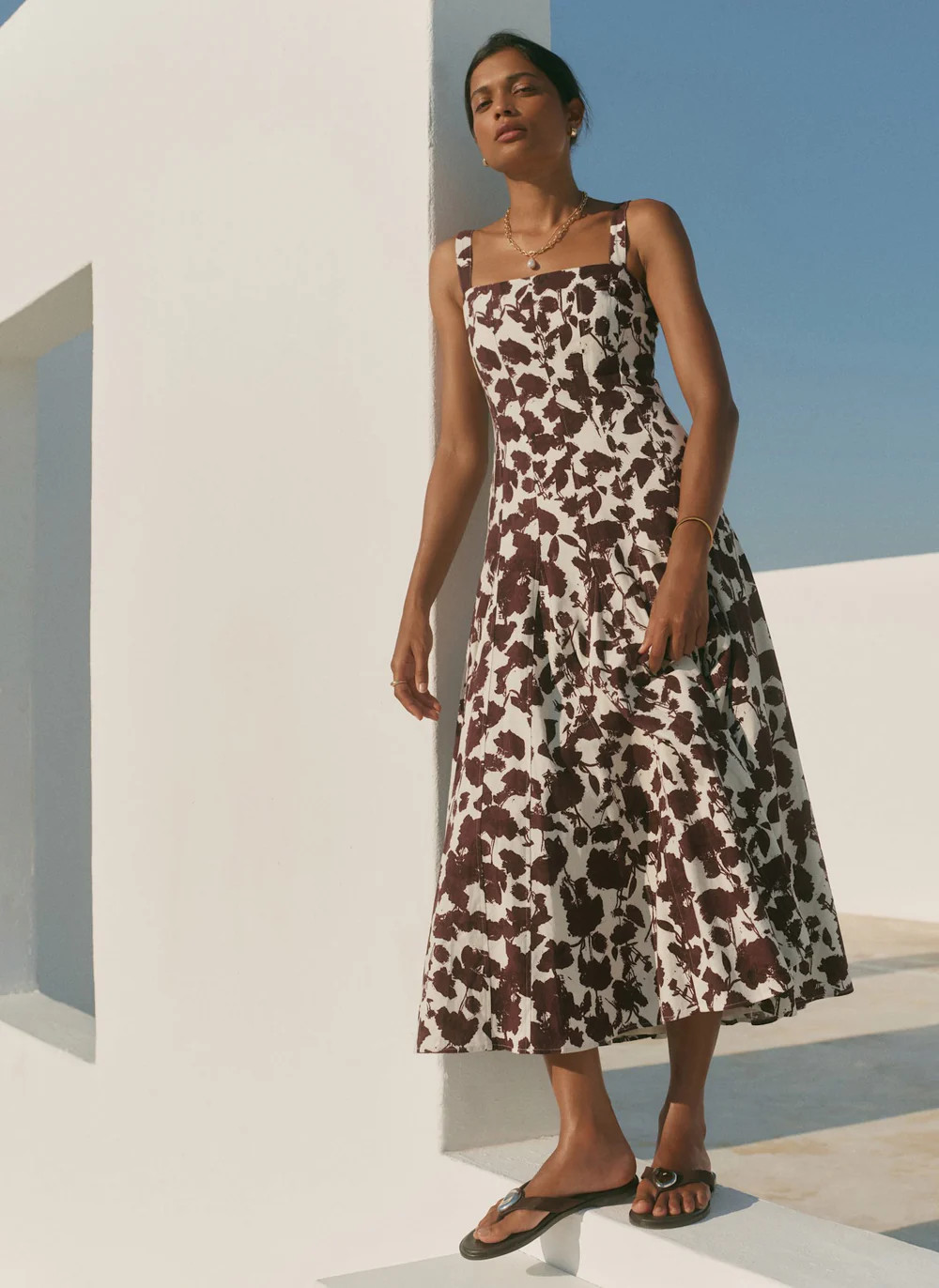 Brown Linen Blend Printed Midi Dress | Mint Velvet