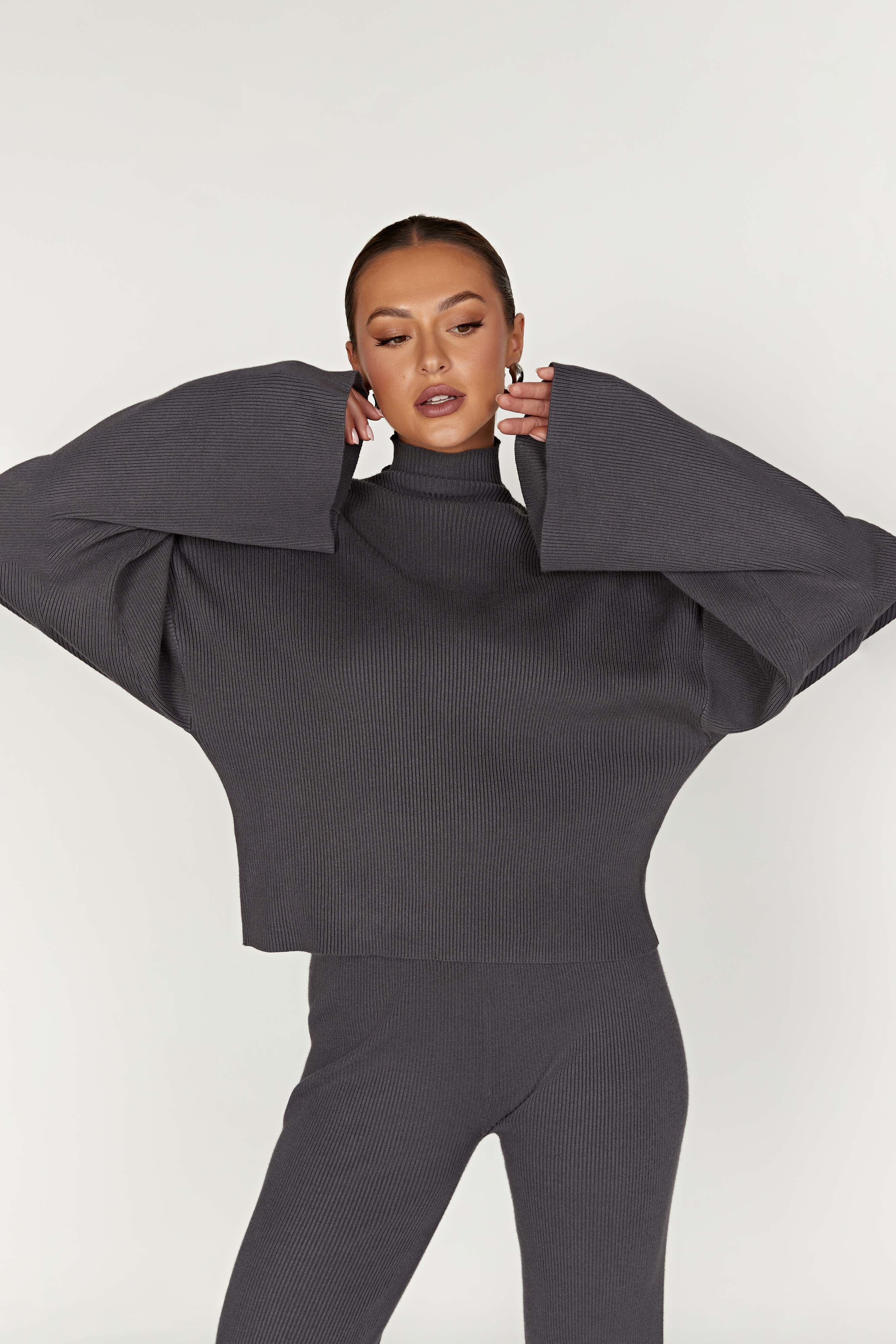 Winona Turtleneck Knit Top - Charcoal | MESHKI US