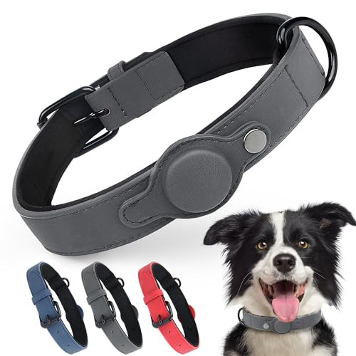 PetiFine AirTag Dog Collar, Leather Dog Collar with Airtag Holder,Soft Padded Apple Air Tag Dog Collar with Adjustable Rust-Proof Metal Buckle for Small Medium Large Dogs(M,Grey) | Amazon (US)