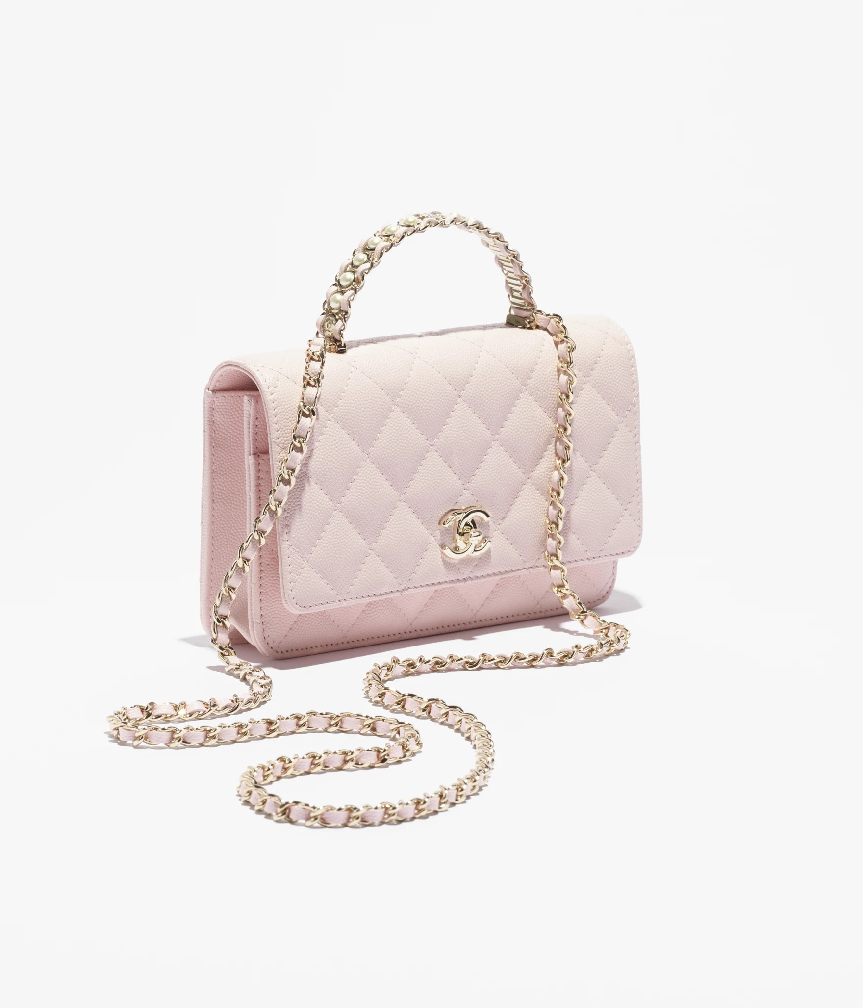 Wallet on chain - Grained calfskin, imitation pearl & gold-tone metal, light pink — Fashion | C... | Chanel, Inc. (US)