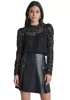 DKNY Women's Ruch Sleeve Lace Top, Black, XS | Belk