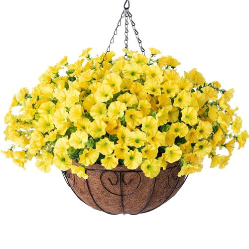 Artificial Fake Hanging Flowers Plants Baskets for Spring Outdoors Decor, Faux Silk Morning Glory in Planter UV Resistant Realistic Outside Flowers for Outdoor Porch Patio Balcony Yard Home, Yellow | Amazon (US)