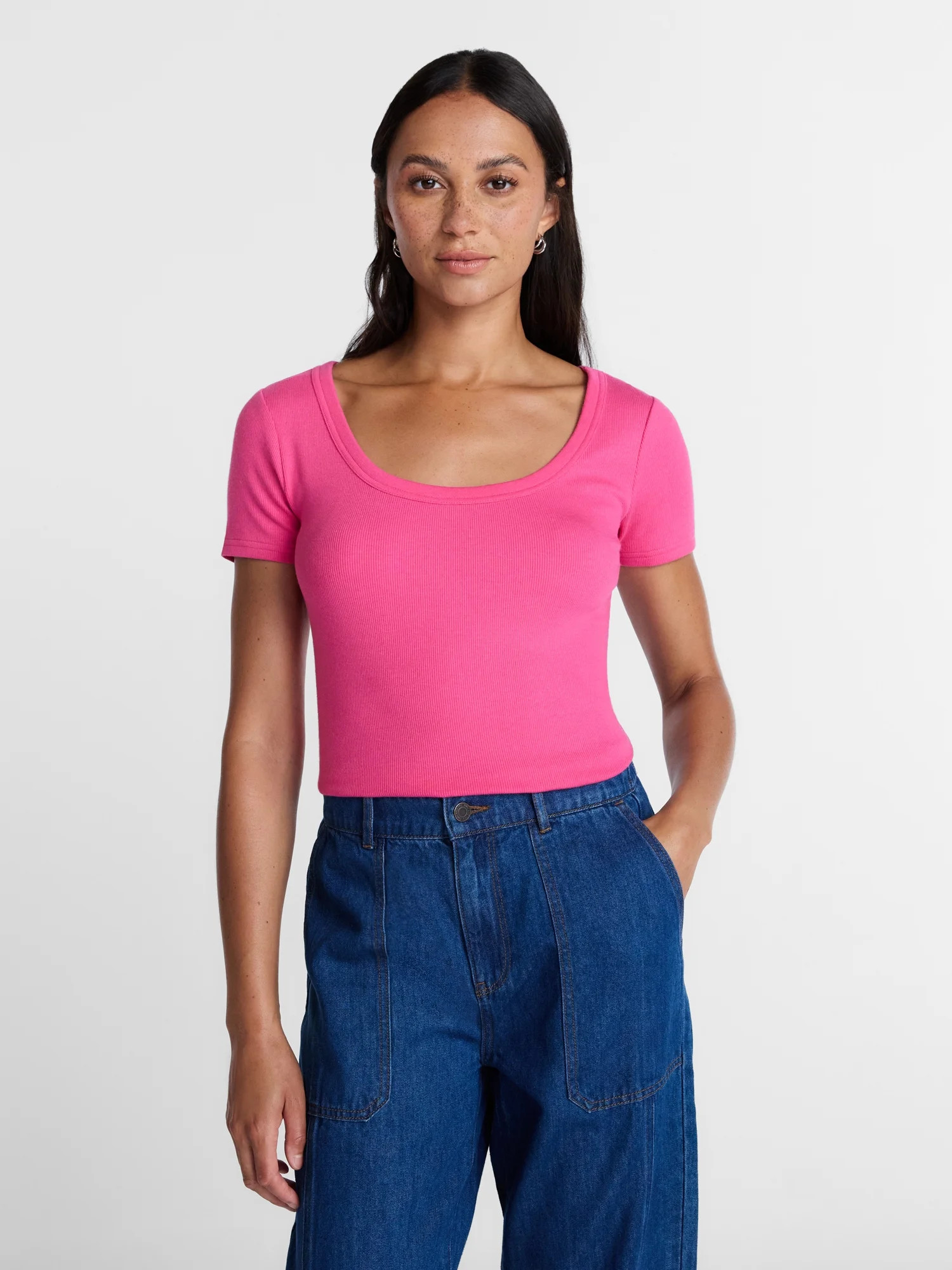 Time and Tru Women's Ribbed Scoop Neck Tee with Short Sleeves, Sizes XS-XXXL | Walmart (US)