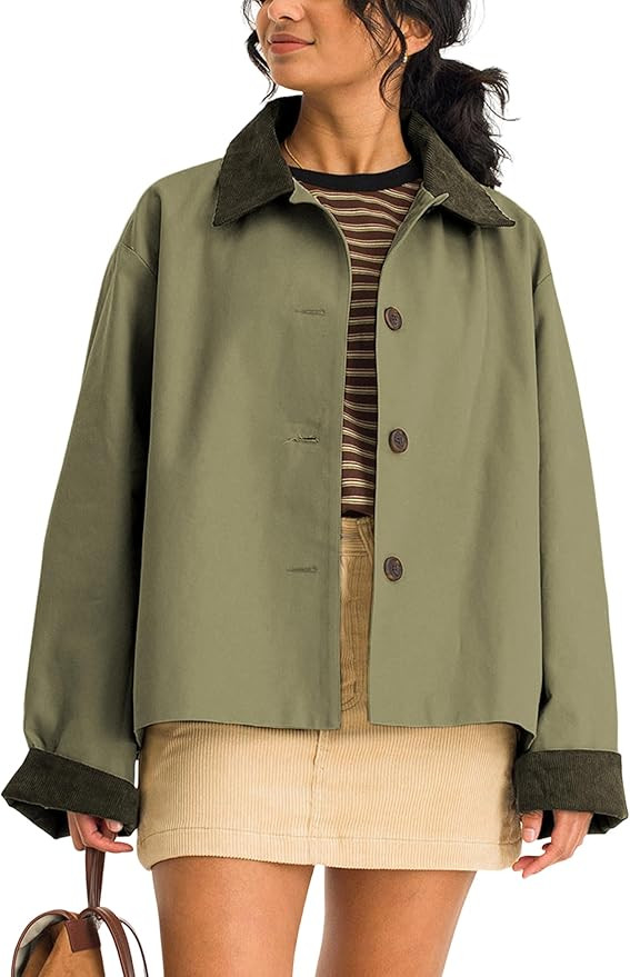 Lviefent Womens Contrast Collar Jacket Casual Button Down Long Sleeves Crop Trench Coat Outerwear... | Amazon (US)