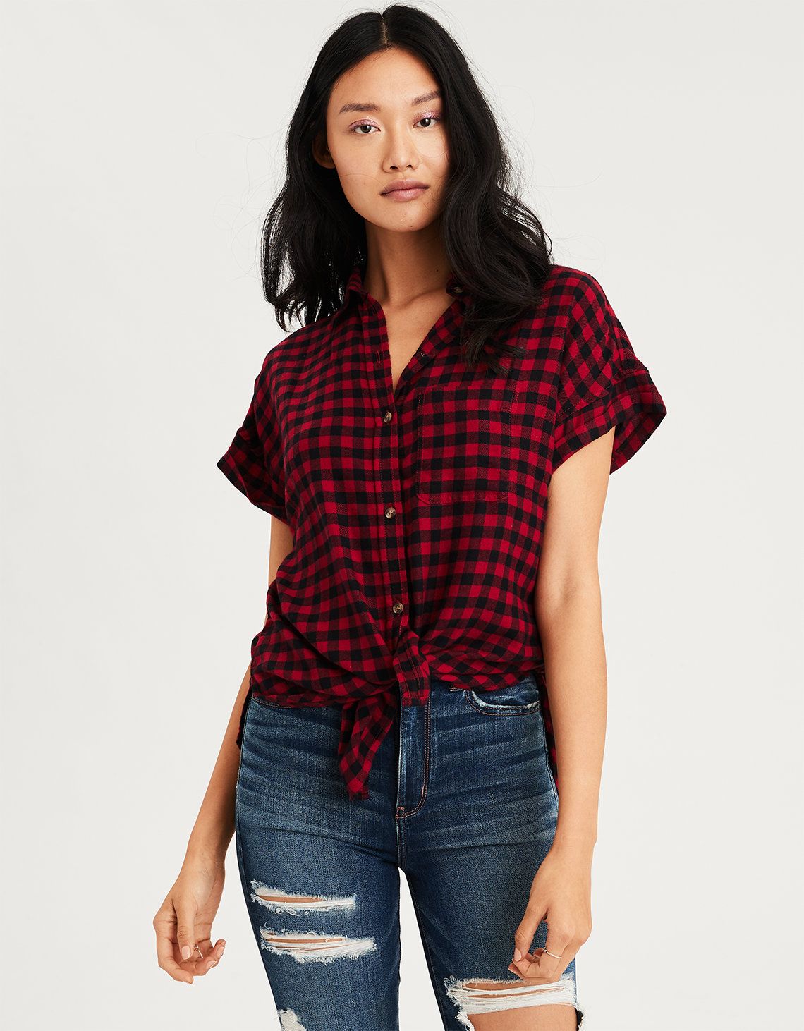 AE Ahhmazingly Soft Plaid Top, Red | American Eagle Outfitters (US & CA)