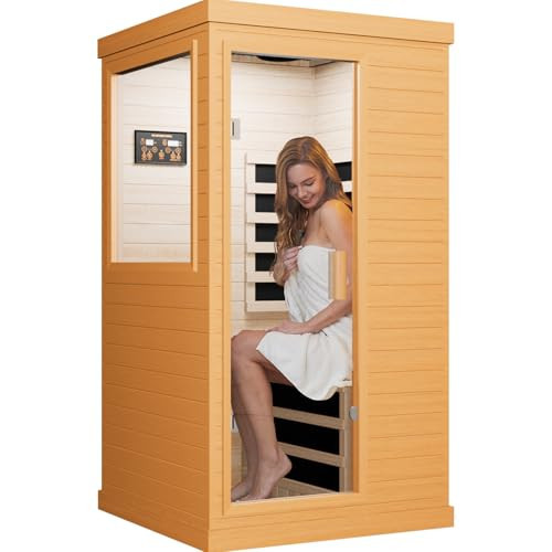 OUTEXER Far Infrared Sauna Home Sauna Spa Room Canadian Hemlock Wood 1200W Indoor Saunas Low EMF 110V with 7 Color Light and Tempered Glass Door, Room: 35.2 * 27.6 * 61.6Inch | Amazon (US)