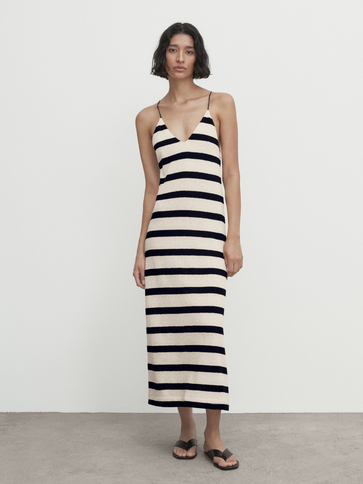 Striped strappy cotton blend dress | Massimo Dutti DE