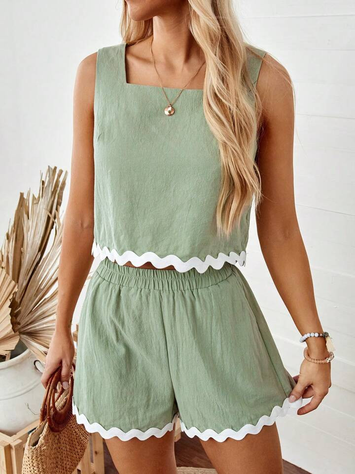 SHEIN LUNE Women's Summer Casual Green Tank Top And Crop Pants 2pcs/Set Summer Sets | SHEIN