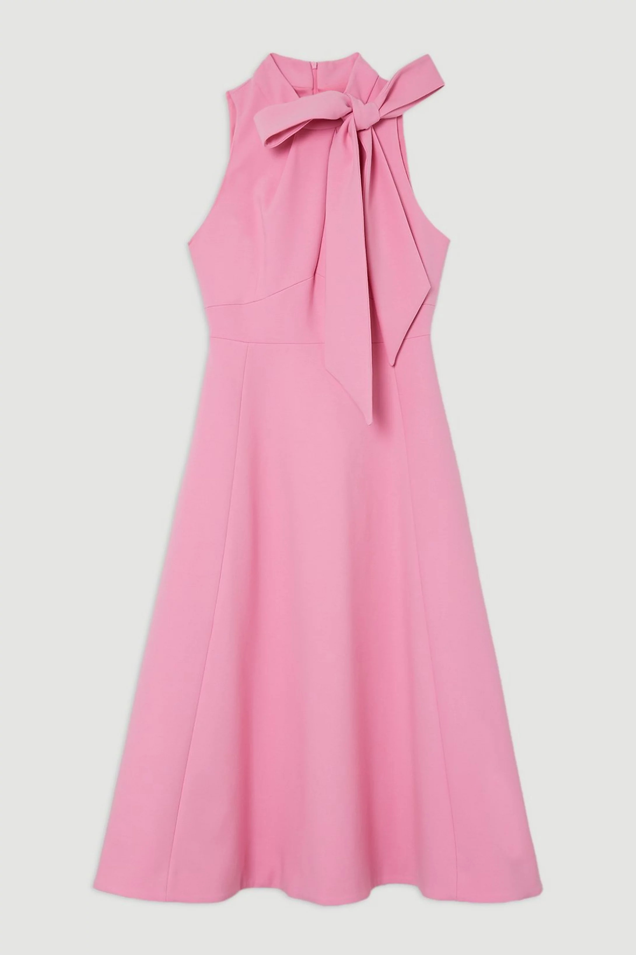 Compact Stretch Bow Tie Neck Full Skirted Midi Dress | Karen Millen UK + IE + DE + NL