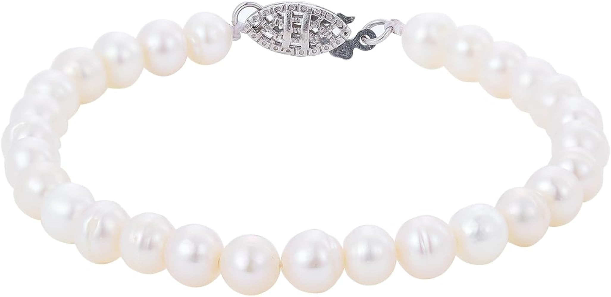 AAA+ Quality Natural Freshwater Pearl Bracelet for Women | 6.5-7mm Round White Pearls with 925 St... | Amazon (US)