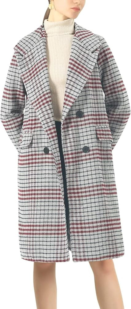 chouyatou Women's Classic Notched Collar Double Breasted Plaid Wool Blend Long Trench Coat | Amazon (US)