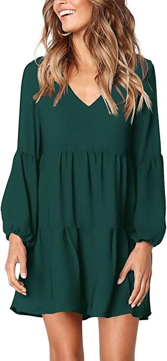 Amoretu Women Long Sleeve Tunic Dress V Neck Swing Shift Dresses (Green,Medium) at Amazon Women... | Amazon (US)