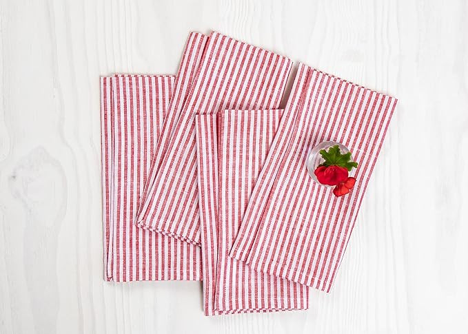 Solino Home Linen Napkins Set of 4-100% Pure Linen Narrow Stripe Red and White Cloth Dinner Napki... | Amazon (US)