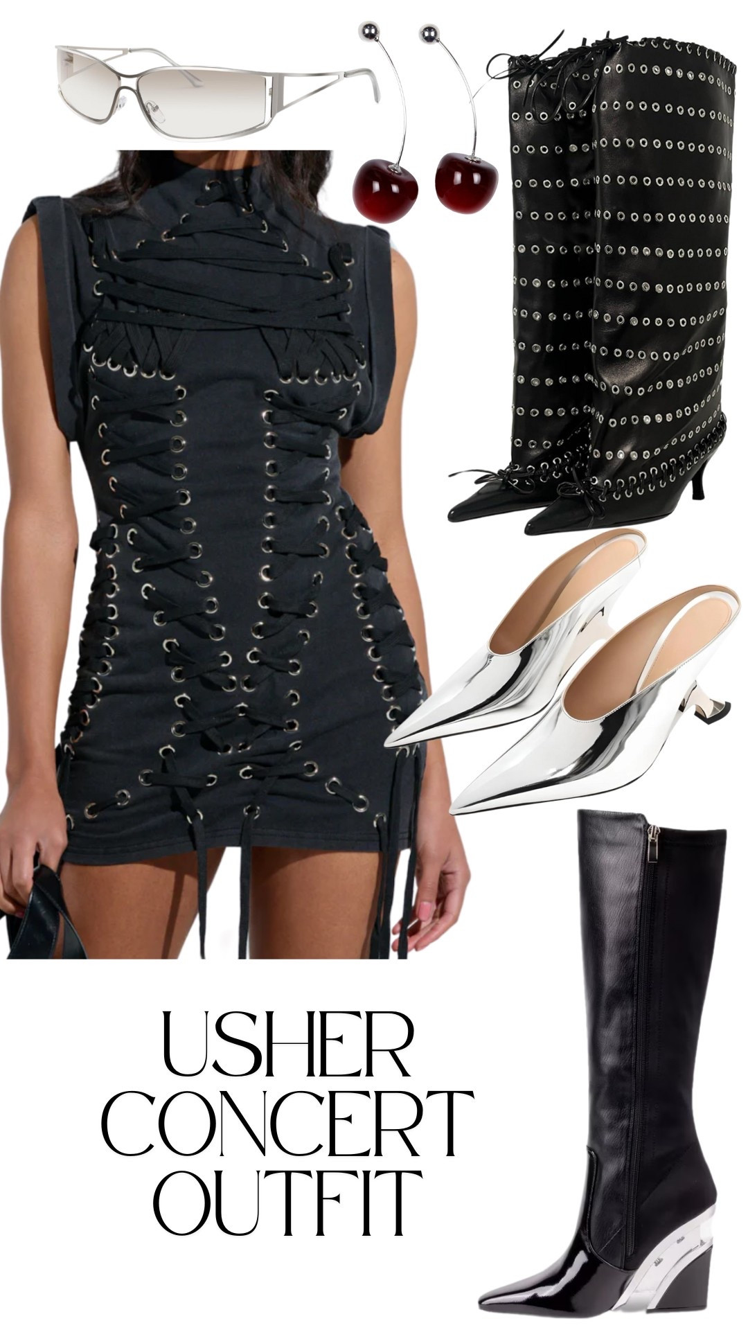 Usher concert outfit idea for Postpartum mom! The lace up detail is adjustable and will help snatch to your comfort level. Have multiple shoe options to fit your style desires and of course cherry earrings cause it’s Usher after all 🤭