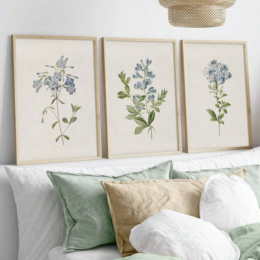 Set Of 3 Vintage Blue Botanical Gallery Wall Arts Prints, Rustic Wall Decor, Flower Art Canvas Po... | SHEIN