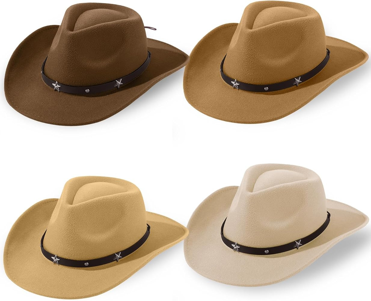 Mumufy 4 Pcs Classic Western Cowboy Hat Men Felt Wide Brim Hats Women Belt Buckle Cap for Adults | Amazon (US)