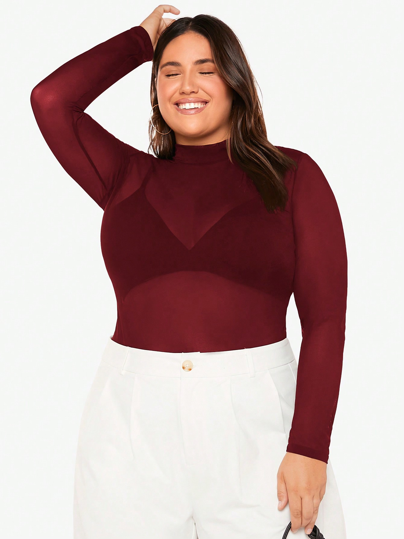 SHEIN BAE Plus Mock Neck Mesh Top Without Bra | SHEIN USA | SHEIN