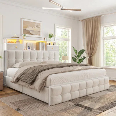 Upholstered Queen Bed Frame with 4 Drawers and Bookcase Headboard, Storage Bed with Charging Station and LED Lights | Wayfair North America