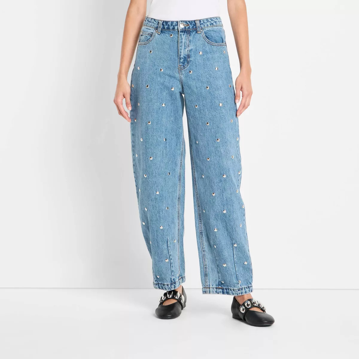 Women's Mid-Rise Studded Barrel Leg Jeans - Future Collective Blue Denim | Target