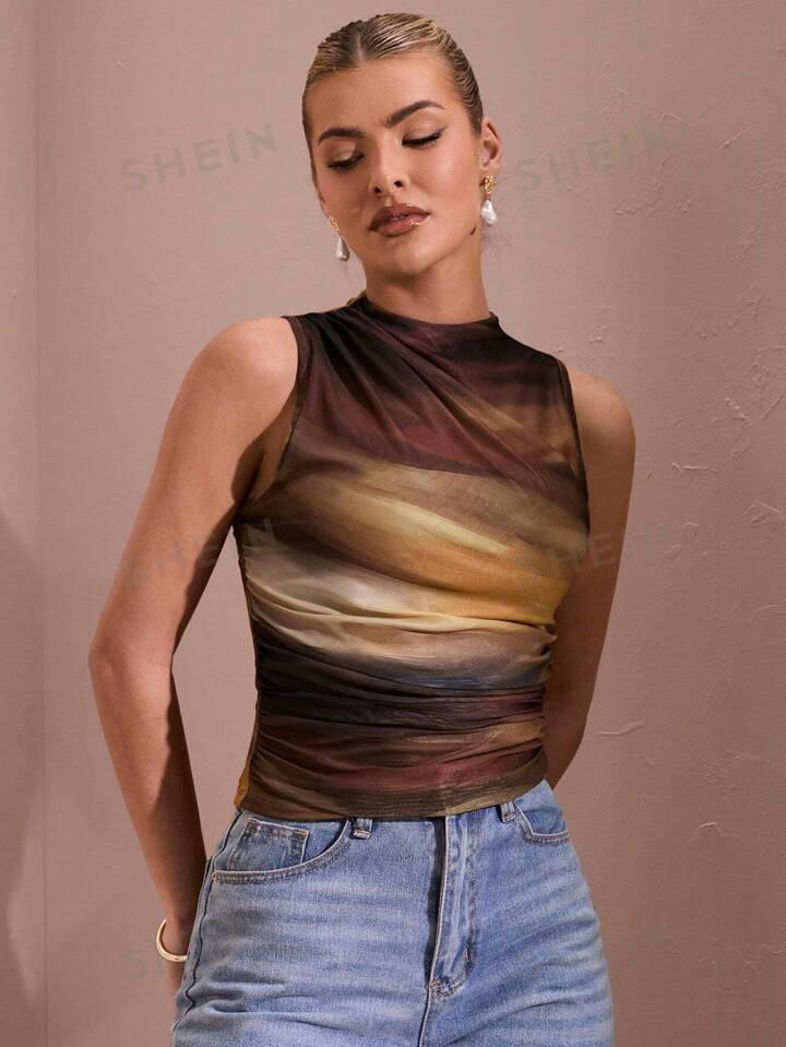 SHEIN BAE Women Ombre Flower Print Asymmetric Pleated Tank Top | SHEIN | SHEIN