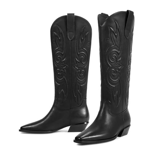 ISNOM Black Cowboy Boots for Women - Knee High Western Boots - Women's Knee High Cowgirl Boots - Wide Calf - Size 7 | Amazon (US)