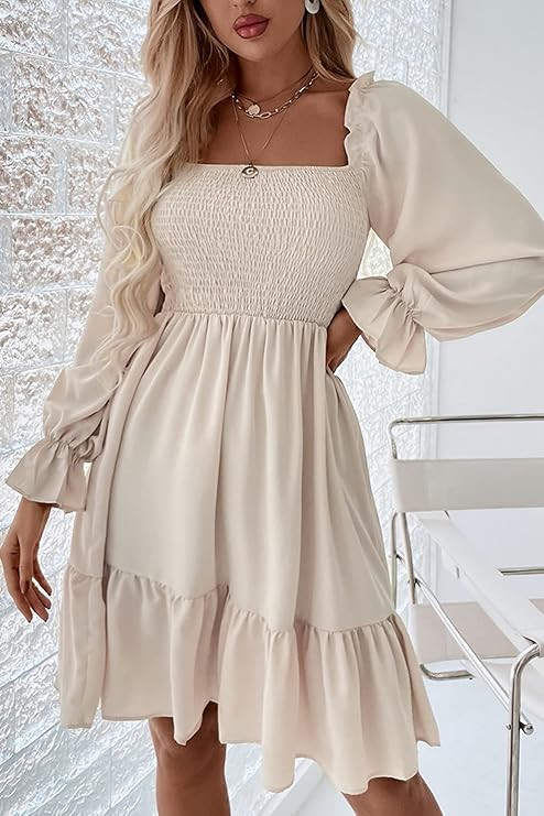 Aranmei Women's Long Sleeve Square Neck Dress Shirred Ruffle Hem Casual Dresses Mini Dress | Amazon (UK)