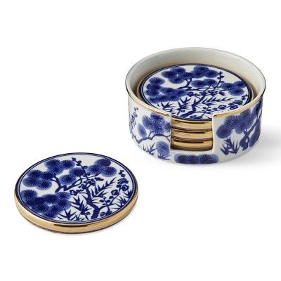 Chinoiserie Ceramic Coasters with Holder, Blue and White | Williams-Sonoma