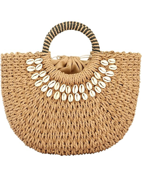 Beach Bag for Women Straw Top-Handle Bags Summer Woven Beach Tote Bag | Amazon (US)
